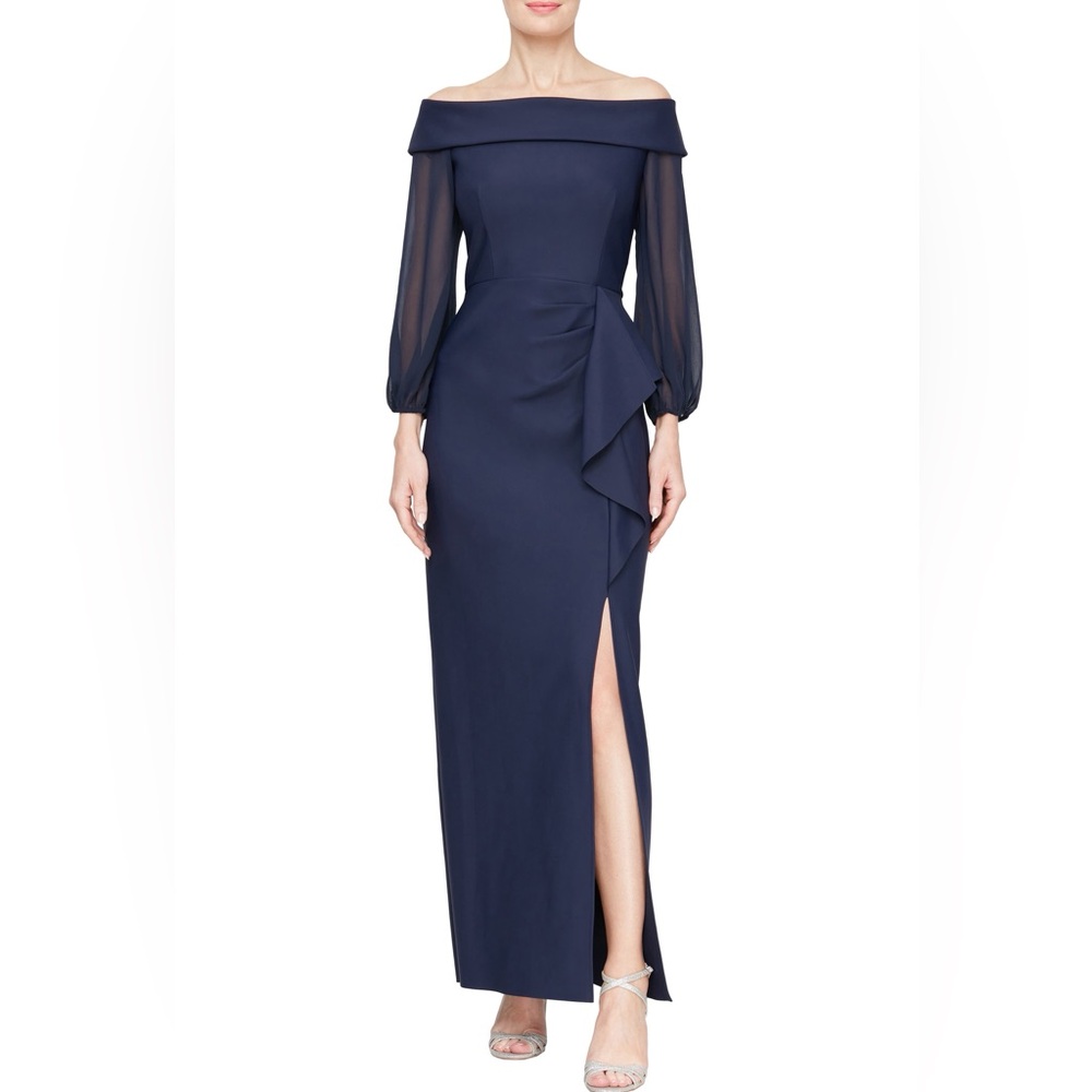 Alex Evenings Navy Off-Shoulder Gown